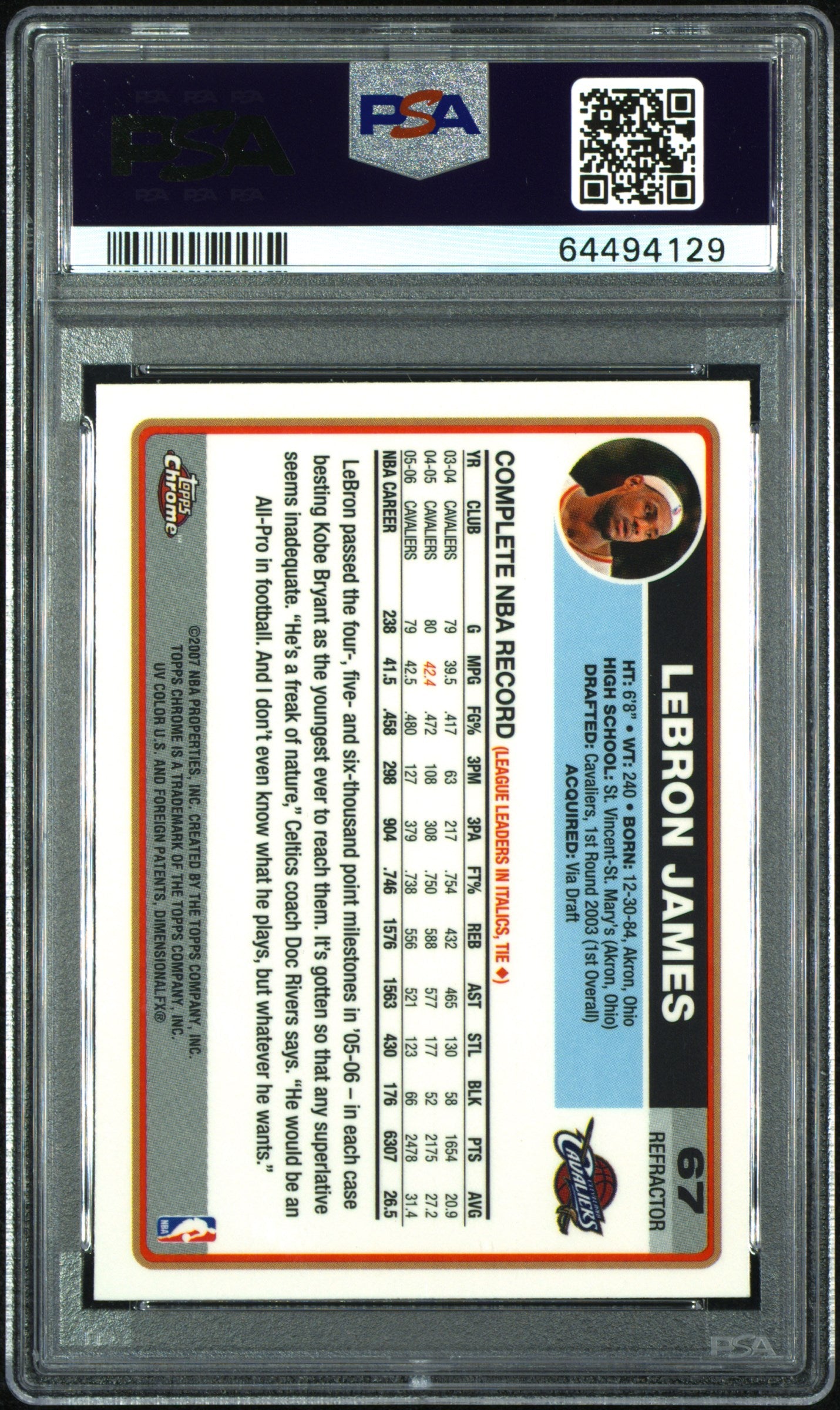 LeBron James 2006 Topps Chrome Refractor #67 PSA 8 Nm-Mint