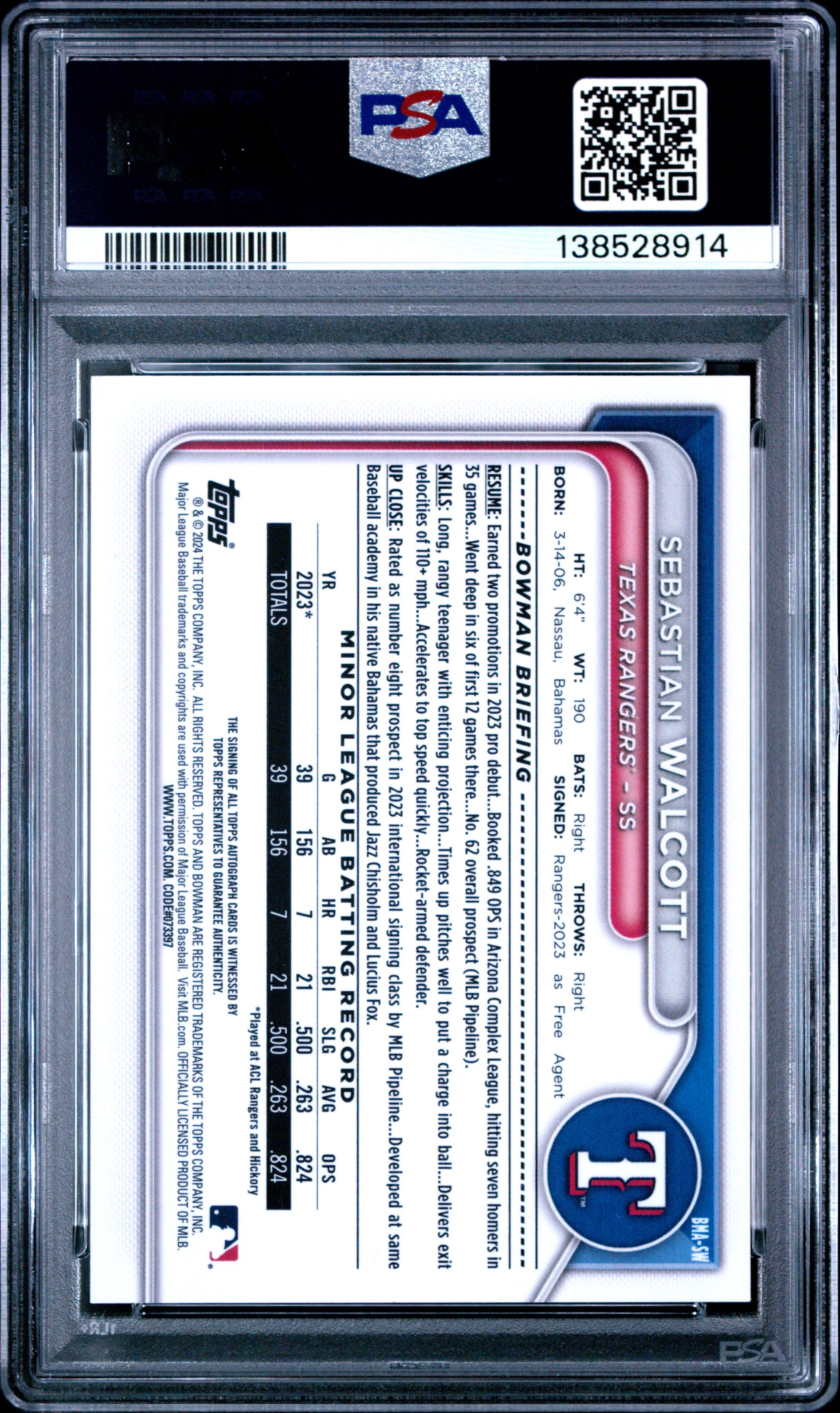 Sebastian Walcott 2024 Bowman Chrome MegaBox Orange Refractor Auto #19/25 PSA 10 Gem Mint