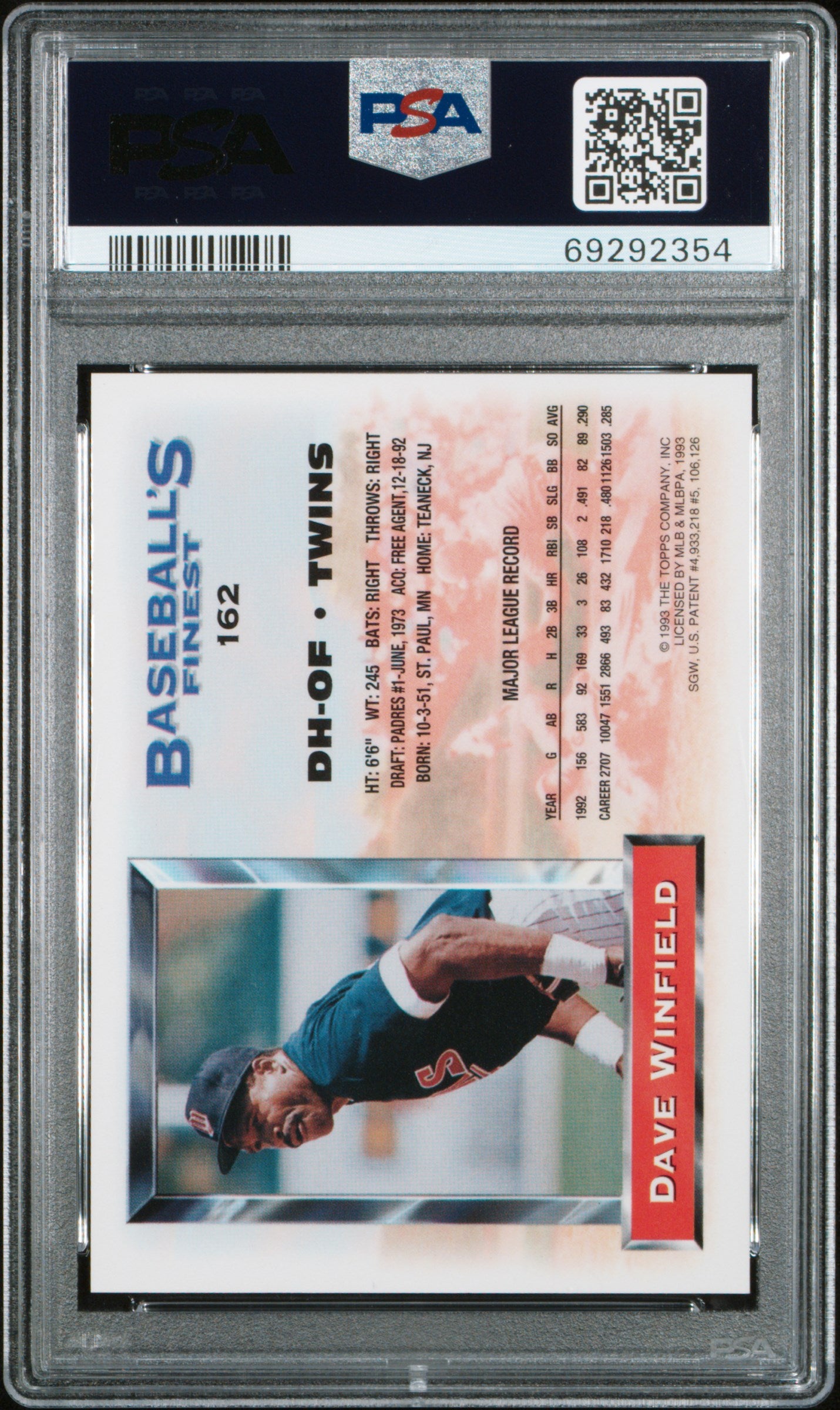 Dave Winfield 1993 Topps Finest Refractor #162 PSA 8 Nm-Mint