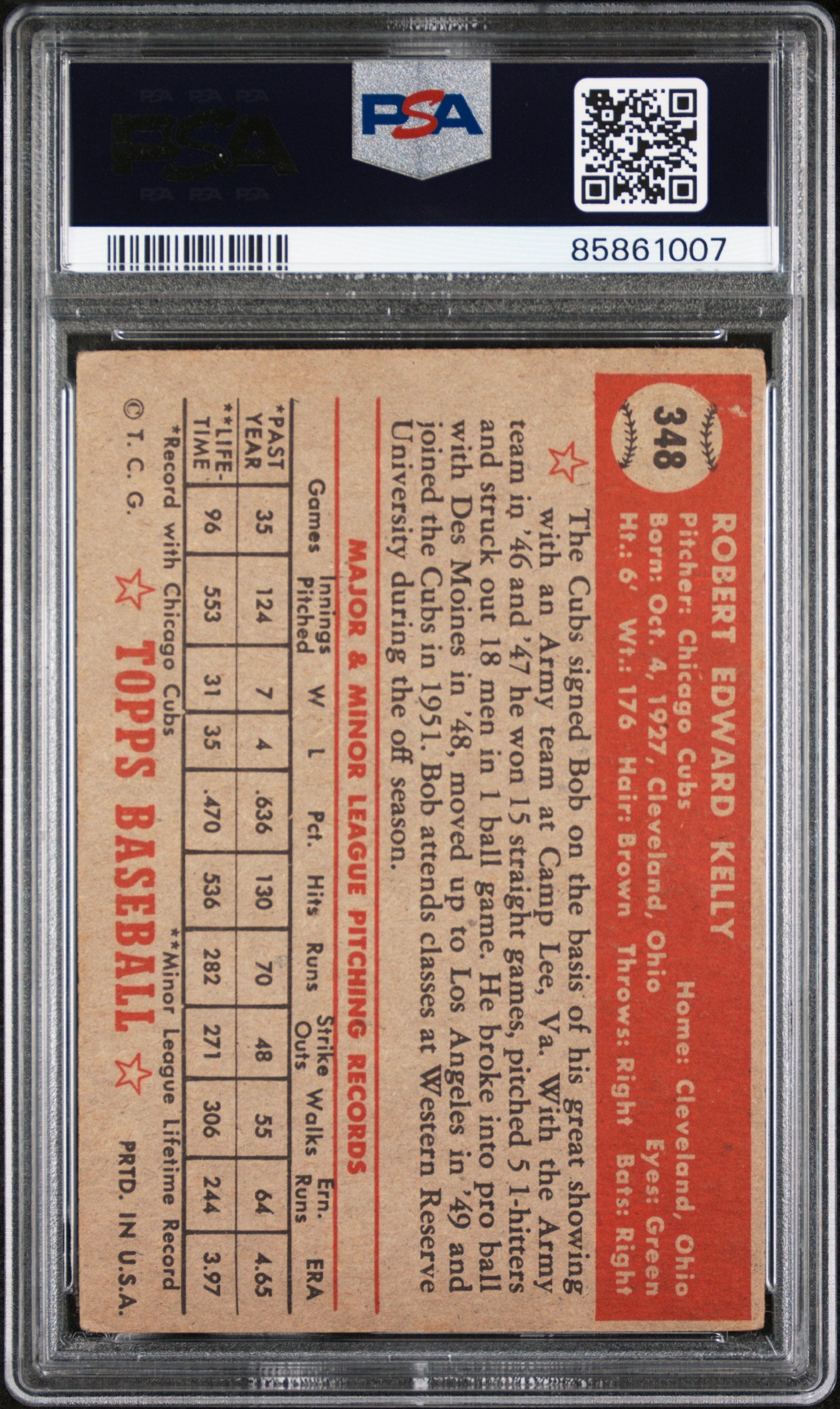 Bob Kelly 1952 Topps #348 PSA 3