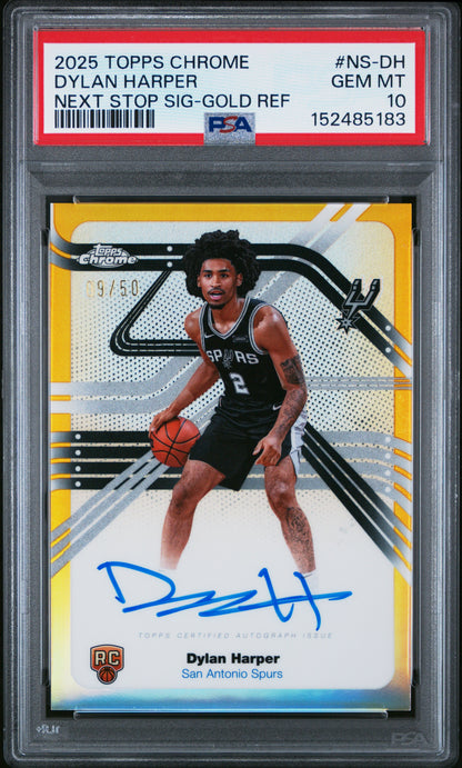 Dylan Harper 2025 Topps Chrome Next Stop Signatures Gold Fractor Auto #9/50 PSA 10 Gem Mint