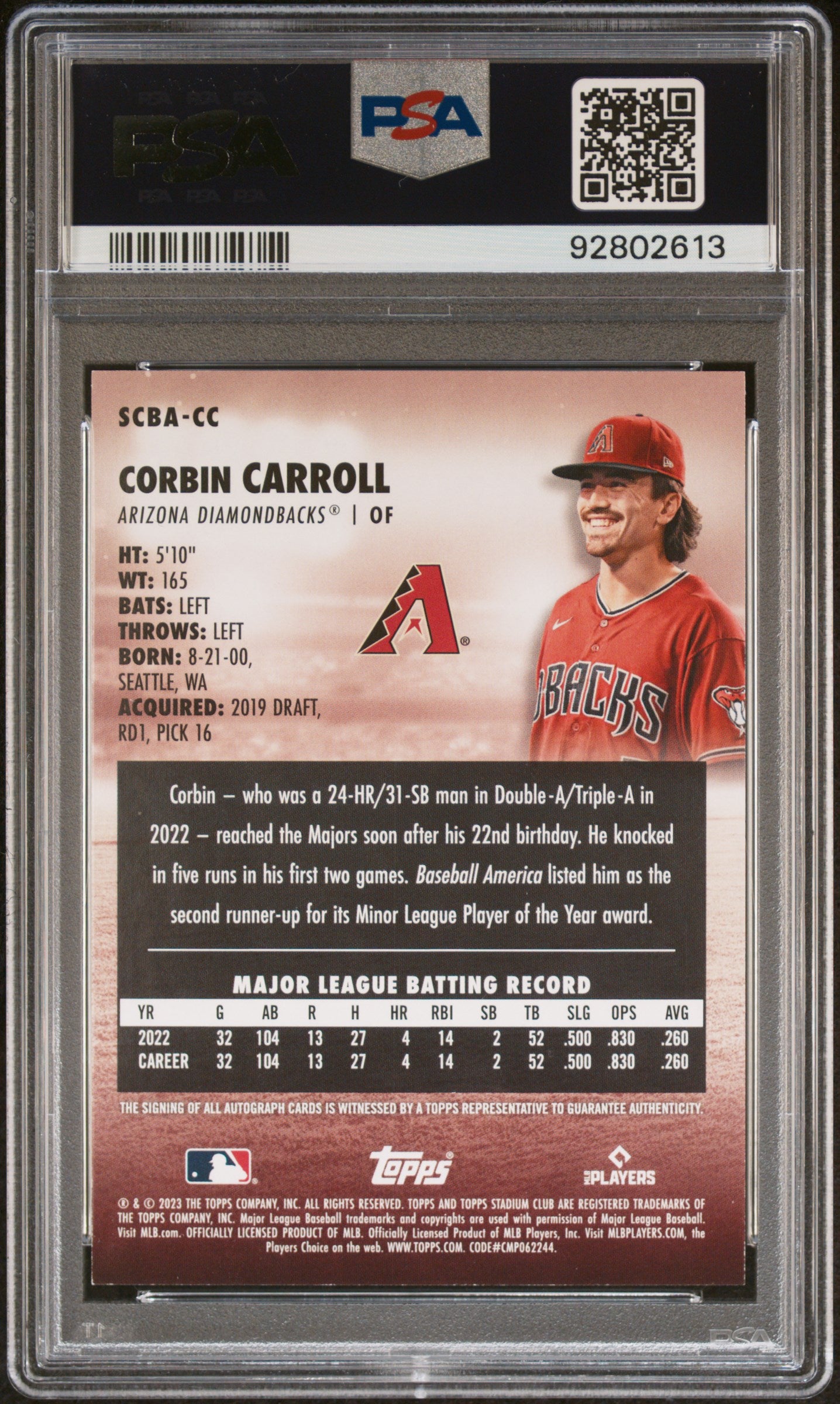 Corbin Carroll 2023 Stadium Club Rookie Autograph PSA 9 Mint