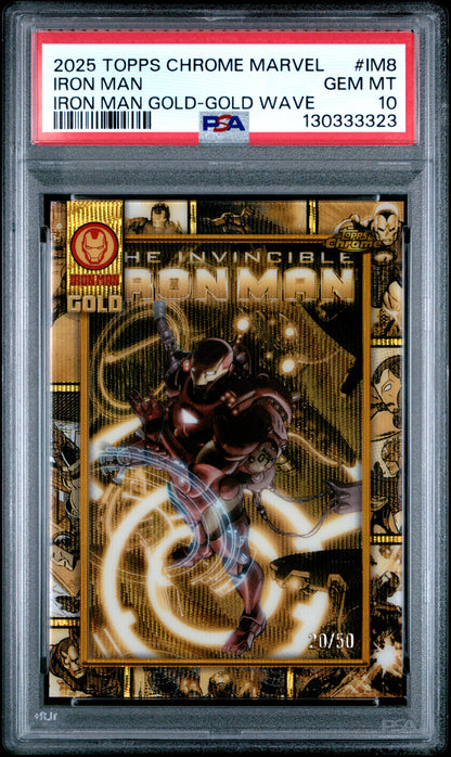Iron Man 20225 Topps Chrome Marvel Iron Man Gold #IM8 Gold Wave Refractor #20/50 PSA 10 Gem Mint