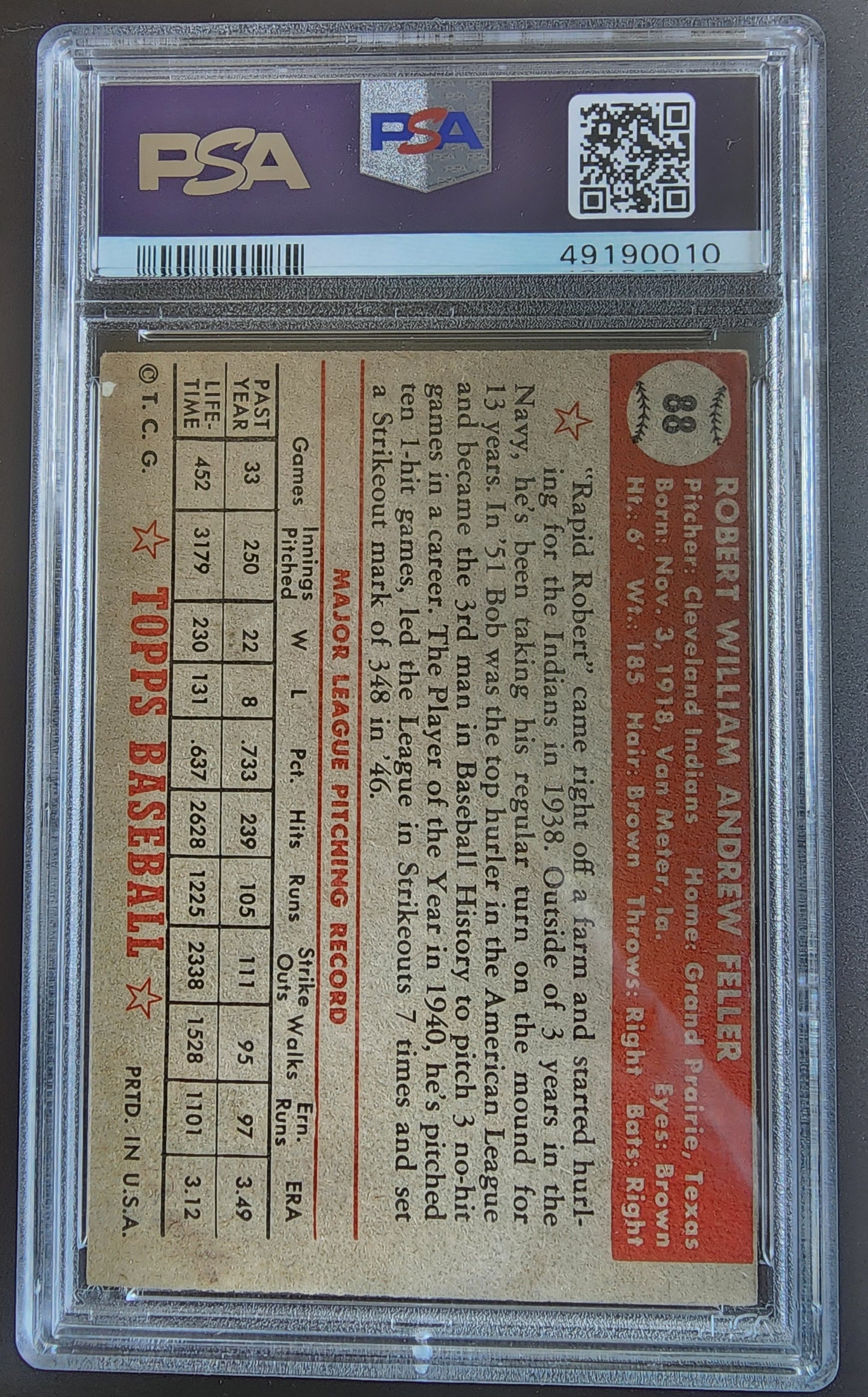 Bob Feller 1952 Topps #88 PSA 5 Excellent