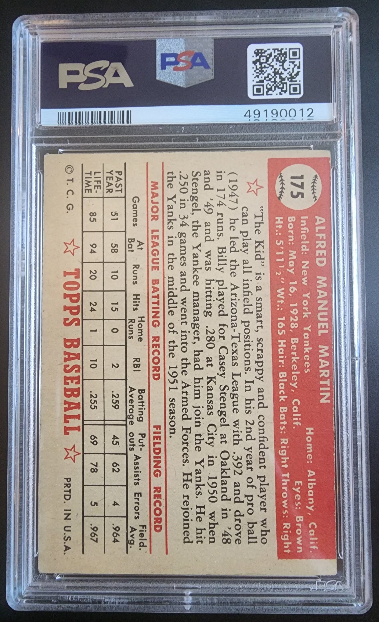 Billy Martin 1952 Topps #175 PSA 5 MC
