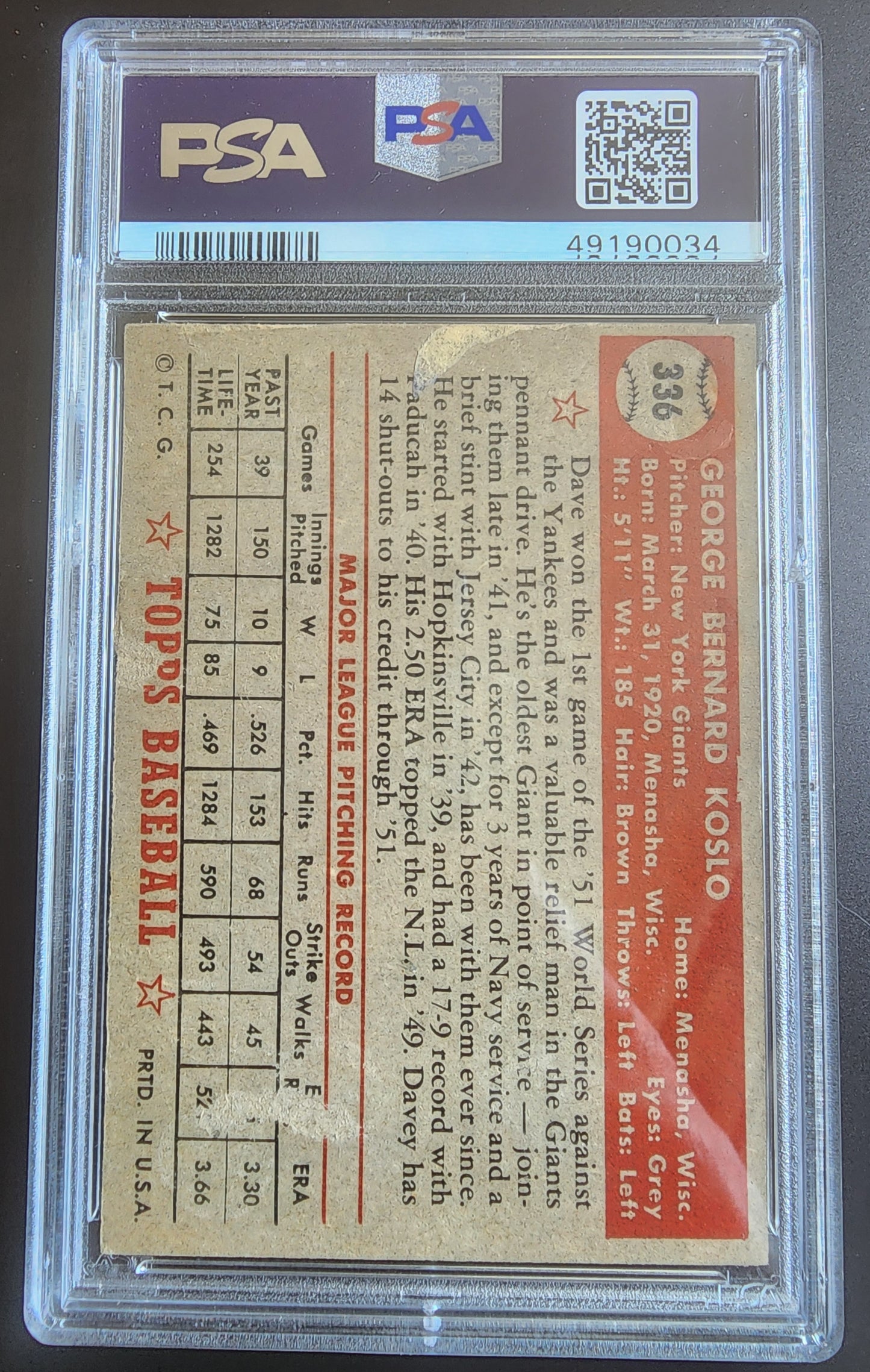 Dave Koslo 1952 Topps #336 PSA 2 Good