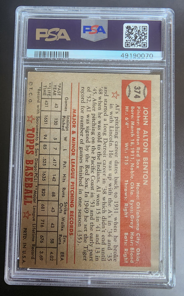 Al Benton 1952 Topps #374 PSA 4 – Three Stars Sportscards