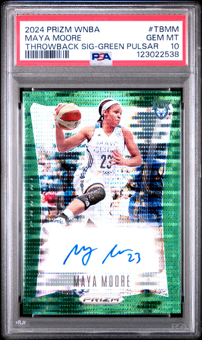 Maya Moore 2024 Panini Prizm WNBA Throwback Auto Green Pulsar #15/25 PSA 10 Gem Mint