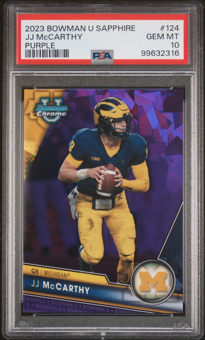 JJ McCarthy 2023 Bowman U Sapphire #124 Purple #3/10 PSA 10 Gem Mint