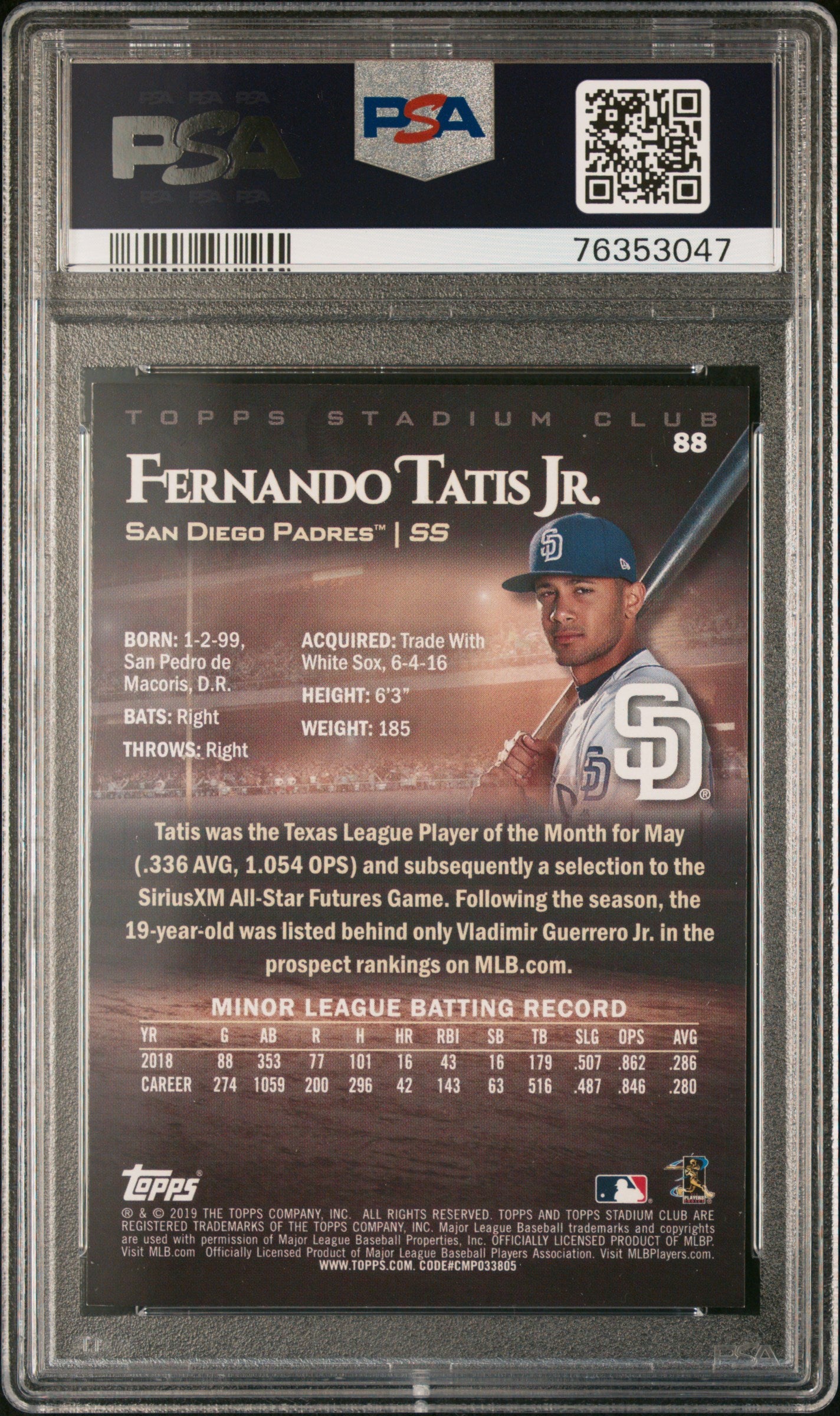 Fernando Tatis Jr. 2019 Topps Stadium Club Sunglasses SP RC PSA 9 Mint