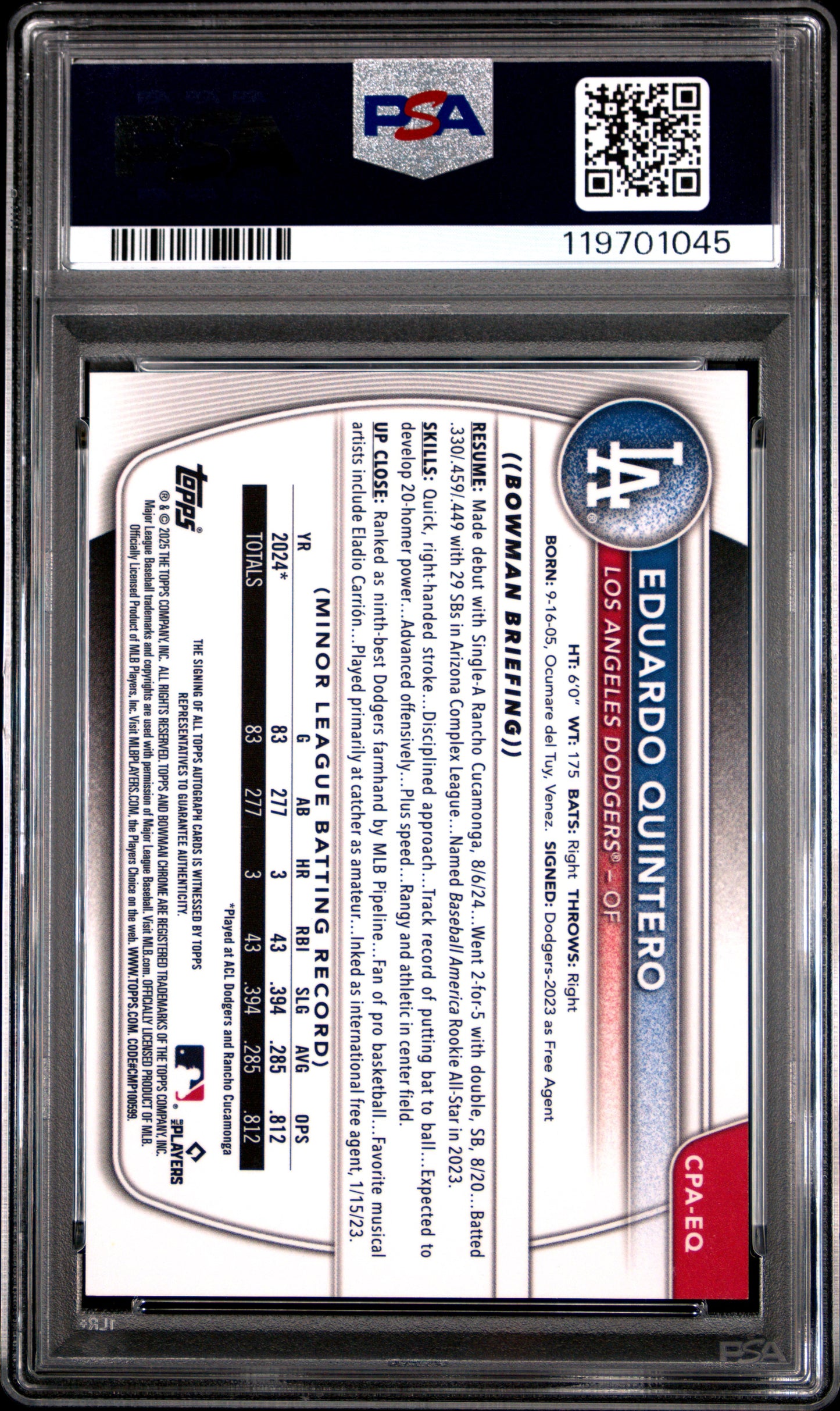 Eduardo Quintero 2025 Bowman Chrome Red Lava Auto #5/5 PSA 9 Mint