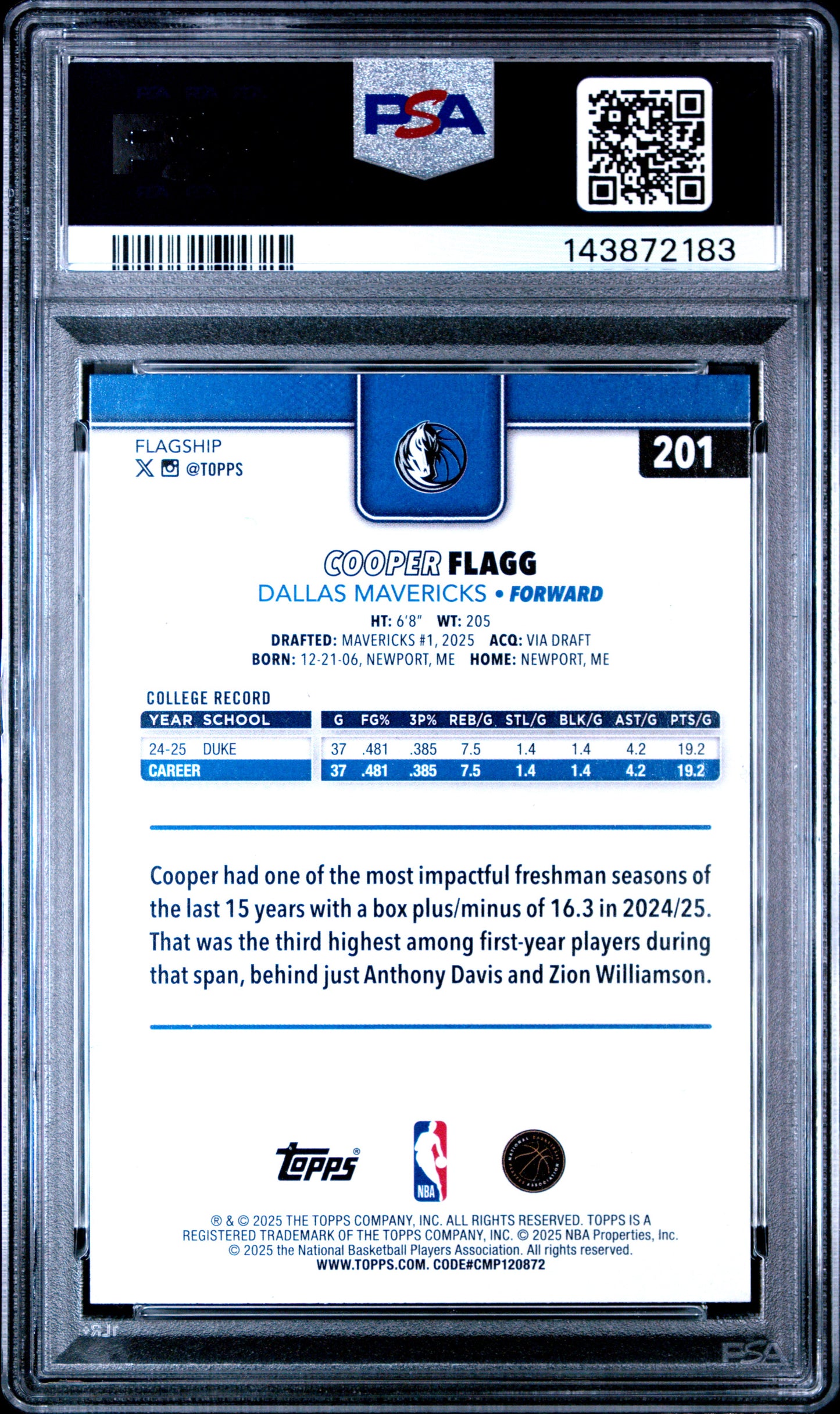 Cooper Flagg 2025 Topps Rookie #201 PSA 10 Gem Mint 2183