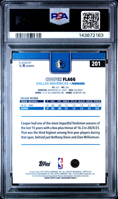 Cooper Flagg 2025 Topps Rookie #201 PSA 10 Gem Mint 2183