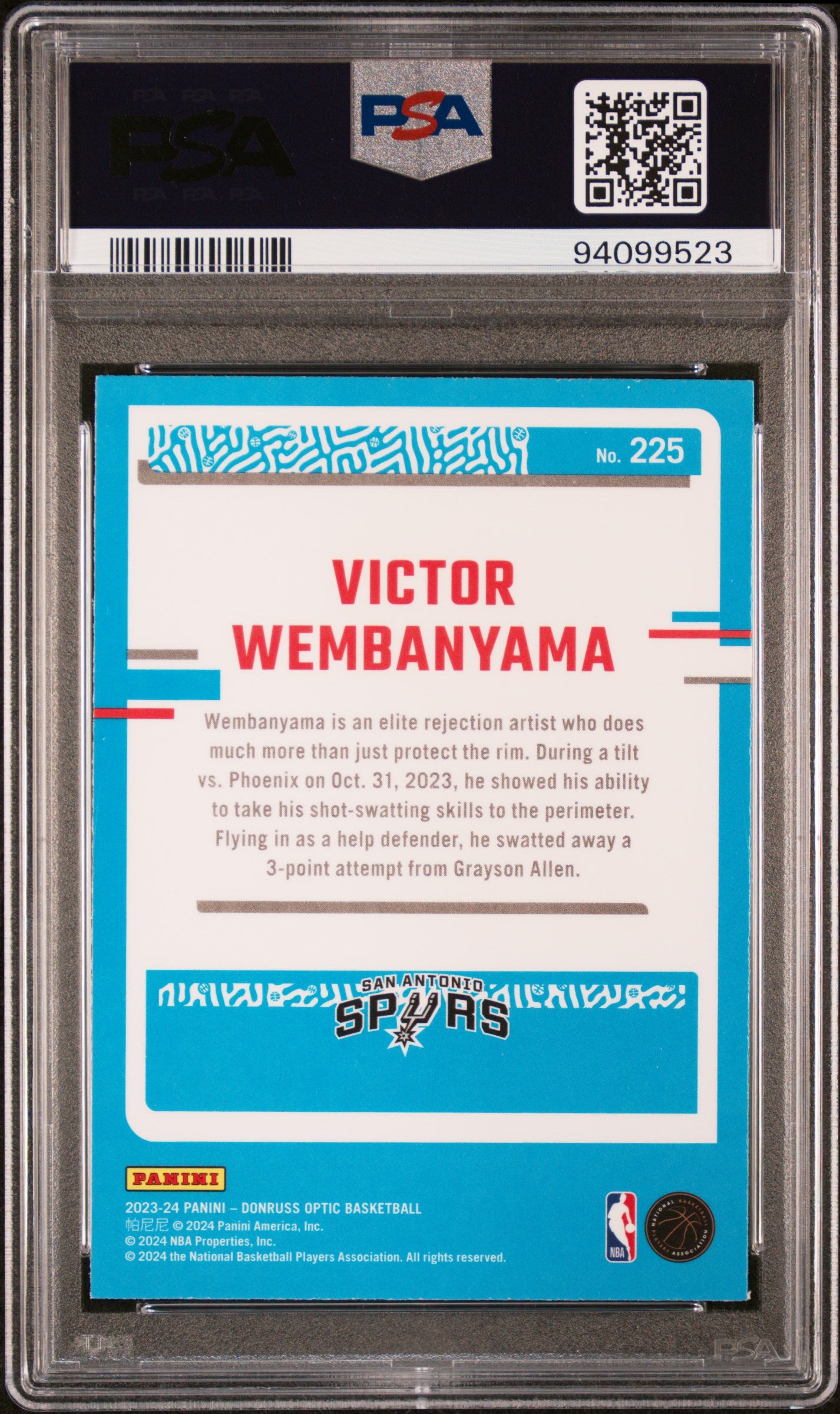 Victor Wembanyama 2023 DOnruss Optic Rookie #225 PSA 10 Gem Mint 9523