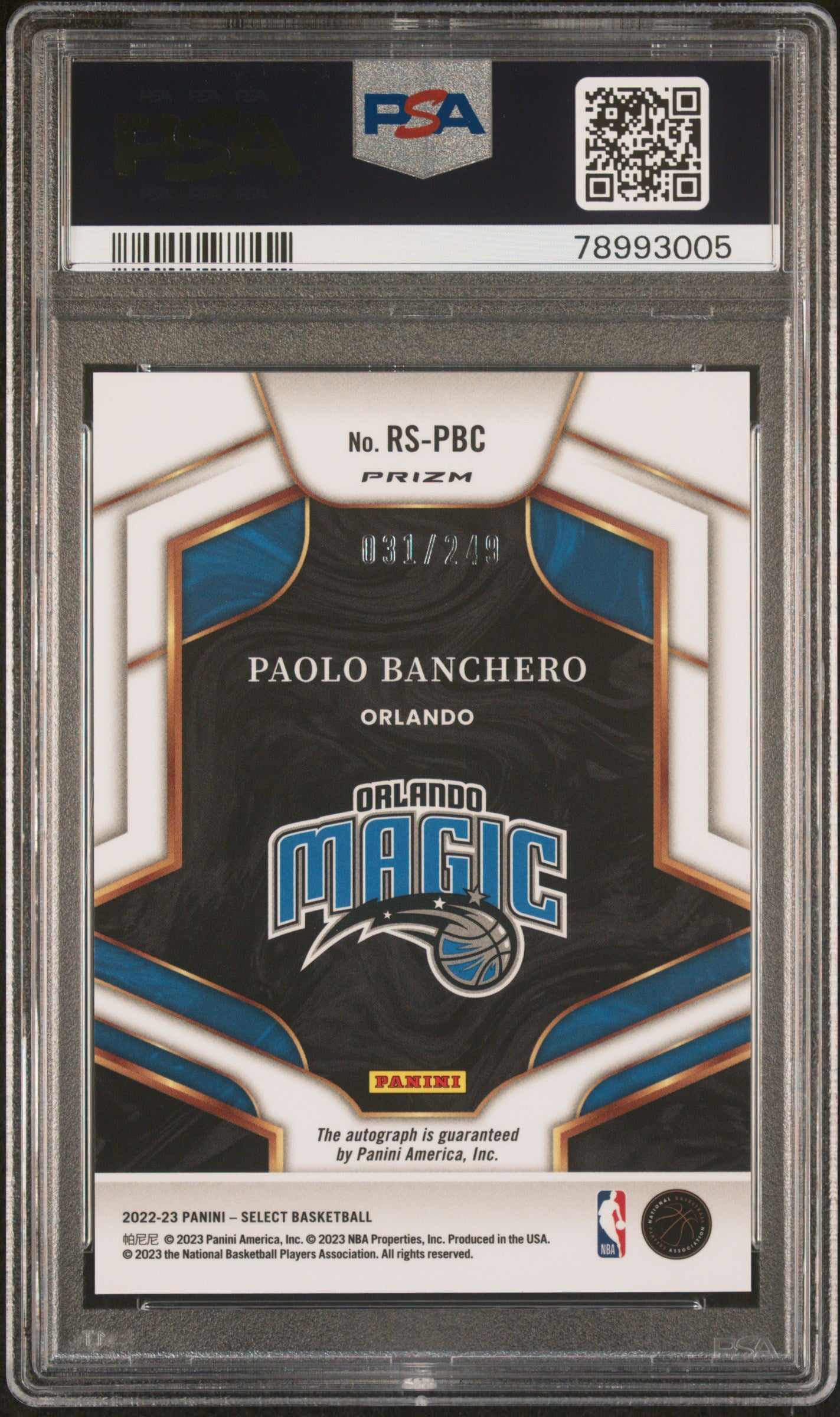 Paolo Banchero 2022 Select Rookie Signatures PSA 10 Gem Mint