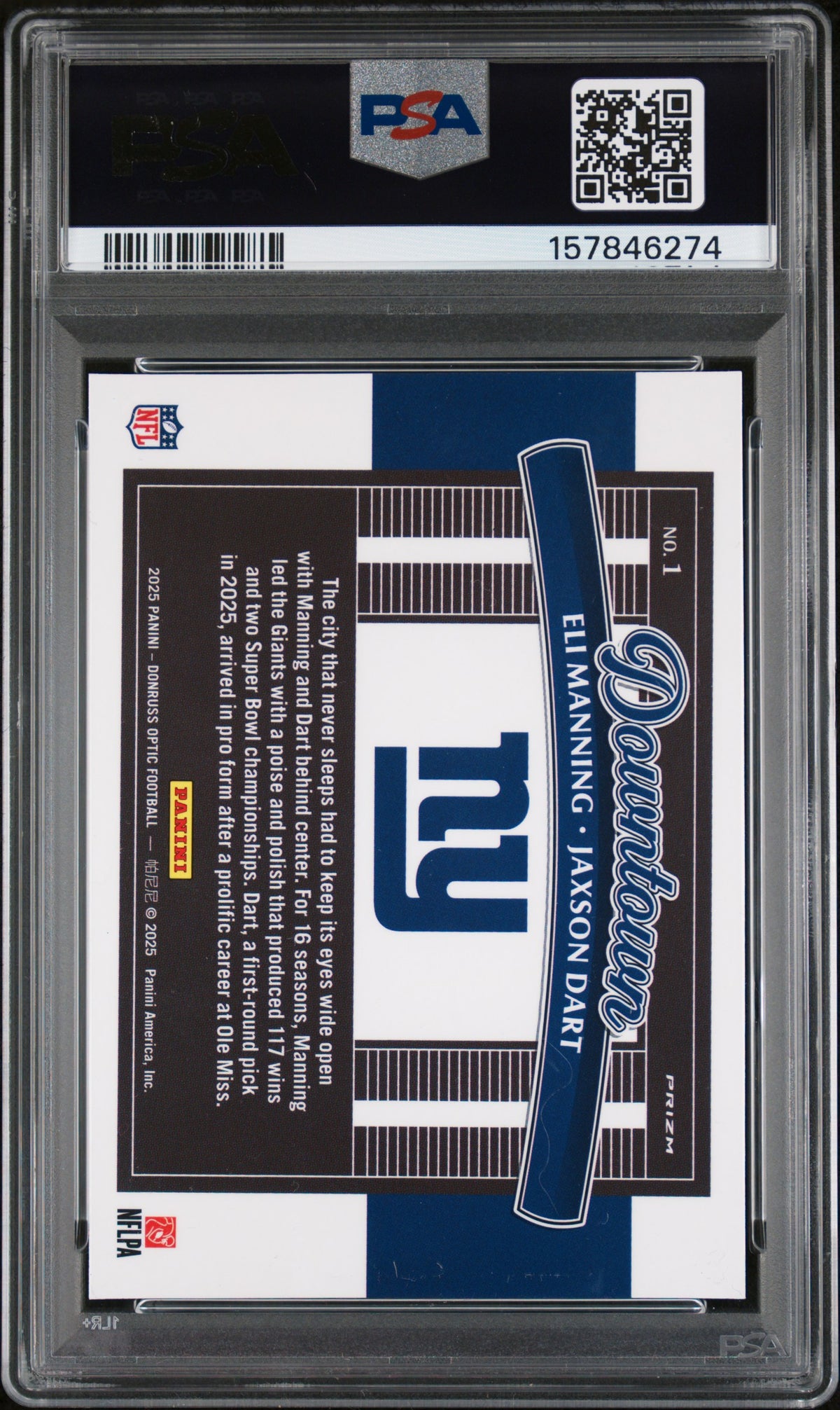 Eli Manning + Jaxson Dart 2025 Donruss Optic Downtown Duos PSA 9 Mint