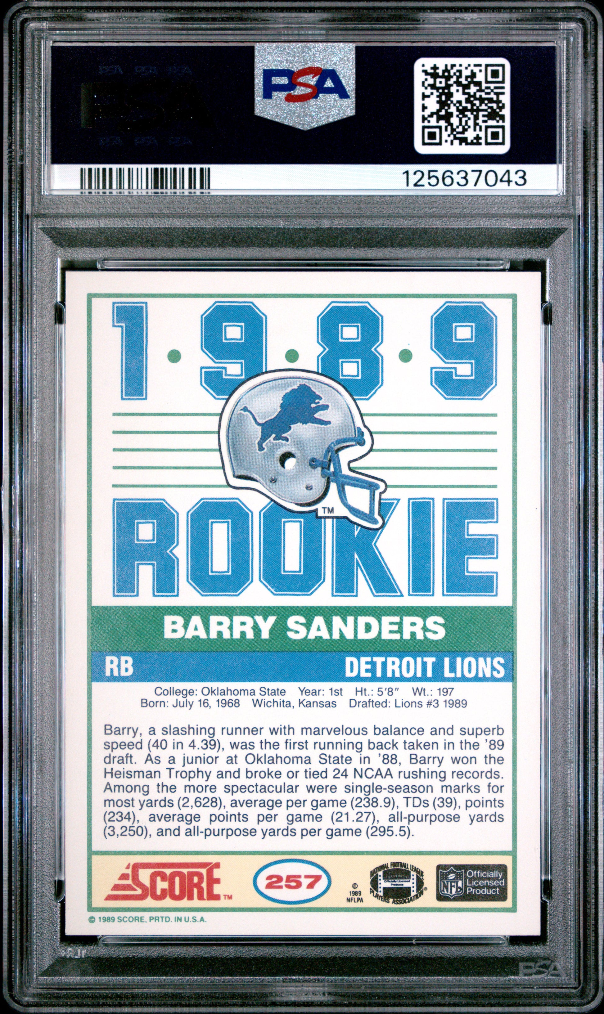 Barry Sanders 1989 Score Football Rookie PSA 9 Mint 7043