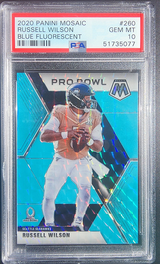 Russell Wilson 2020 Panini Mosaic #260 Blue Fluorescent #2/15 PSA 10 Gem Mint