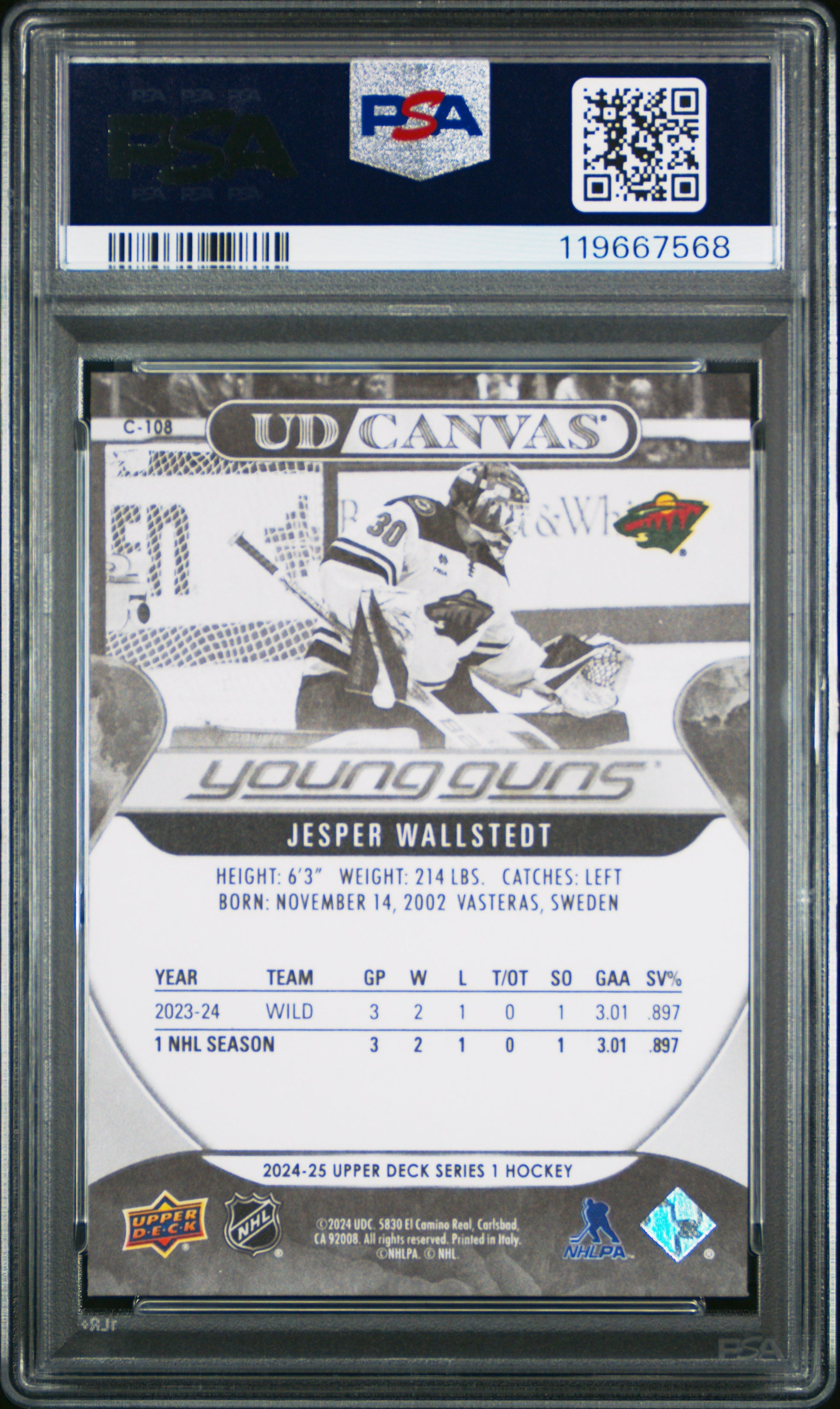 Jesper Wallstedt 2024 Upper Deck Rookie #C108 Black White Canvas PSA 10 Gem Mint 7568