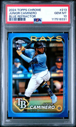 Junior Caminero 2024 Topps Chrome Rookie #213 Blue Refractor #106/150 PSA 10 Gem Mint