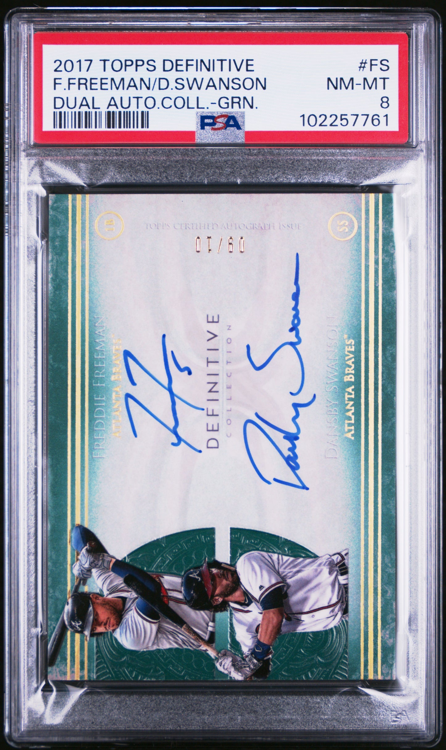 Freddie Freeman + Dansby Swanson 2017 Topps Definitive Dual Auto #9/10 PSA 8 Nm-Mint