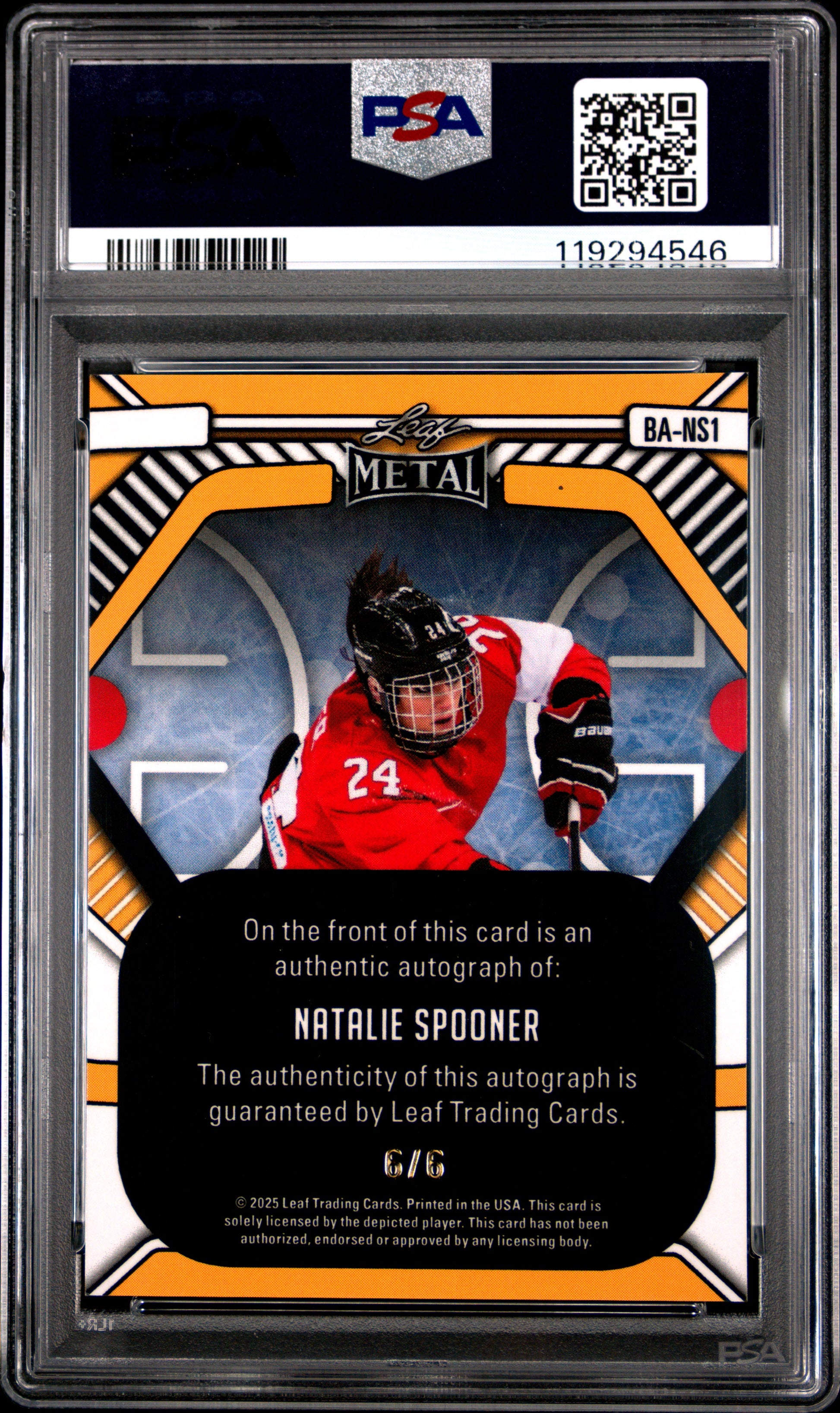 Natalie Spooner 2025 Leaf Metal Legends Orange Shimmer Auto #6/6 PSA 10 Gem Mint
