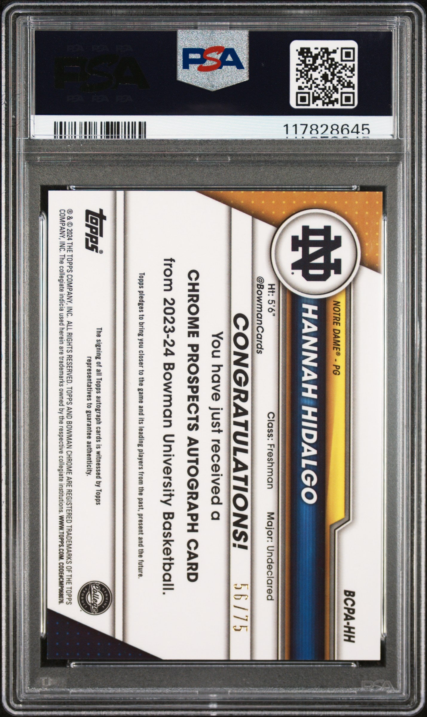 Hannah Hidalgo 2023 Bowman U chrome Yellow Refractor Auto #56/75 PSA 10 Gem Mint