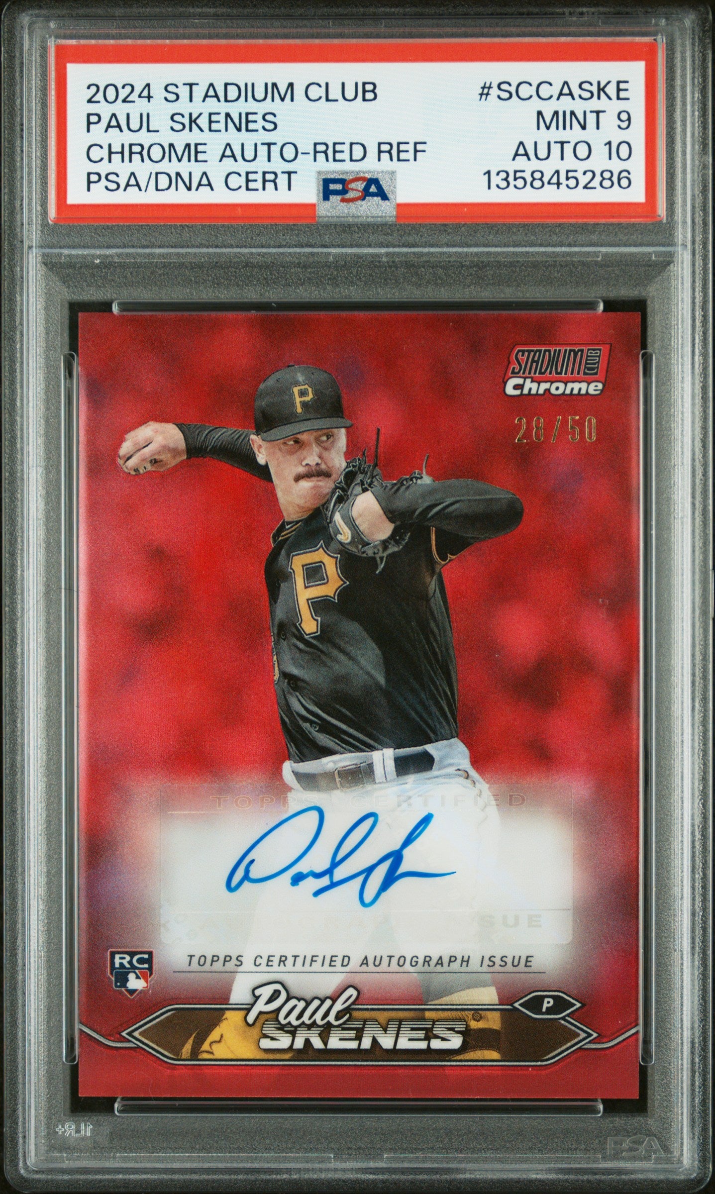 Paul Skenes 2024 Topps Stadium Club Red Refractor Auto #28/50 PSA 9 Auto 10