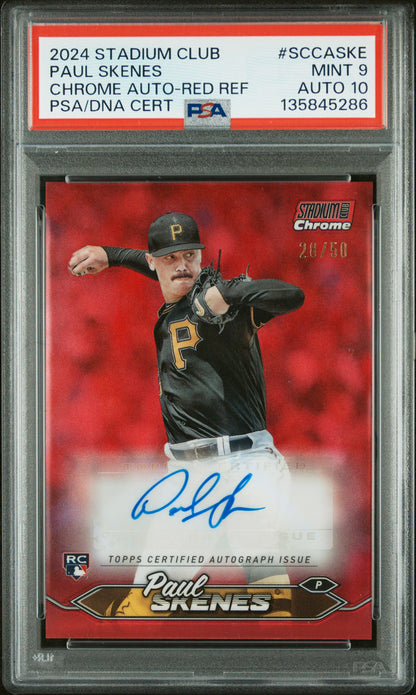 Paul Skenes 2024 Topps Stadium Club Red Refractor Auto #28/50 PSA 9 Auto 10
