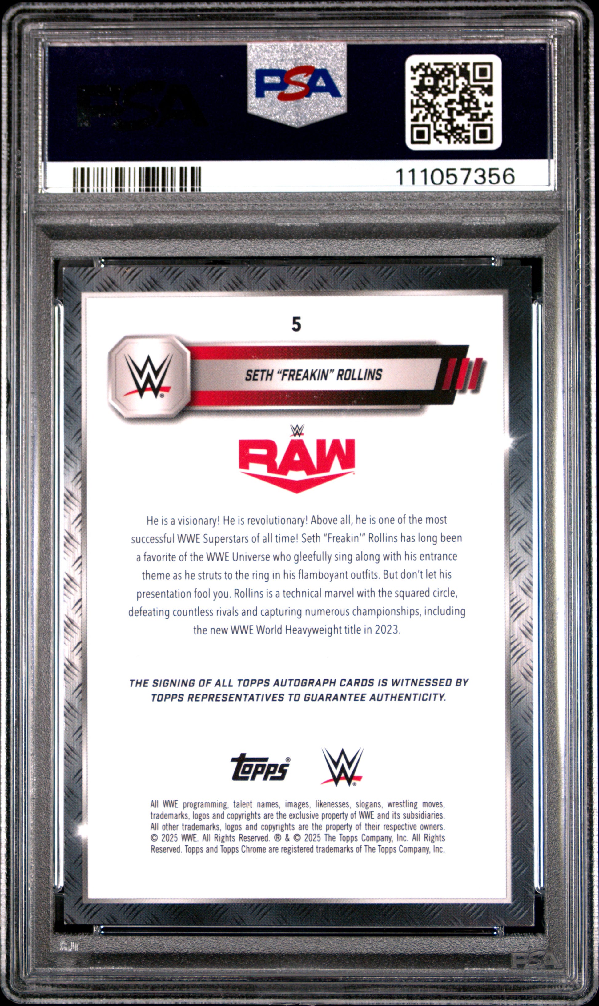 Seth Rollins 2025 Topps Chrome WWE Gold Refrractor Auto #33/50 PSA 9 Mint