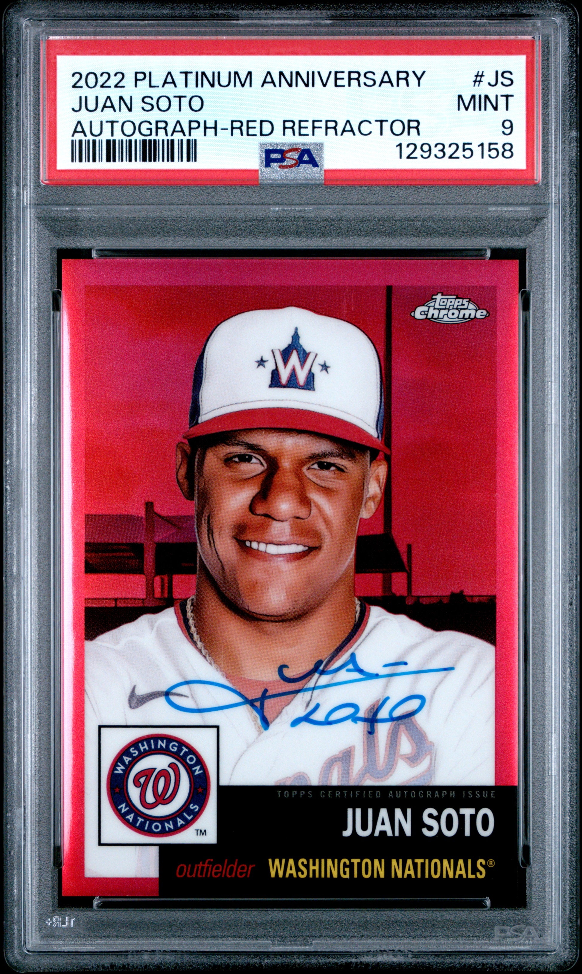 Juan Soto 2022 Topps Platinum Anniversary Red Refractor Auto #2/5 PSA 9 Mint