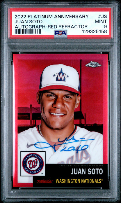 Juan Soto 2022 Topps Platinum Anniversary Red Refractor Auto #2/5 PSA 9 Mint