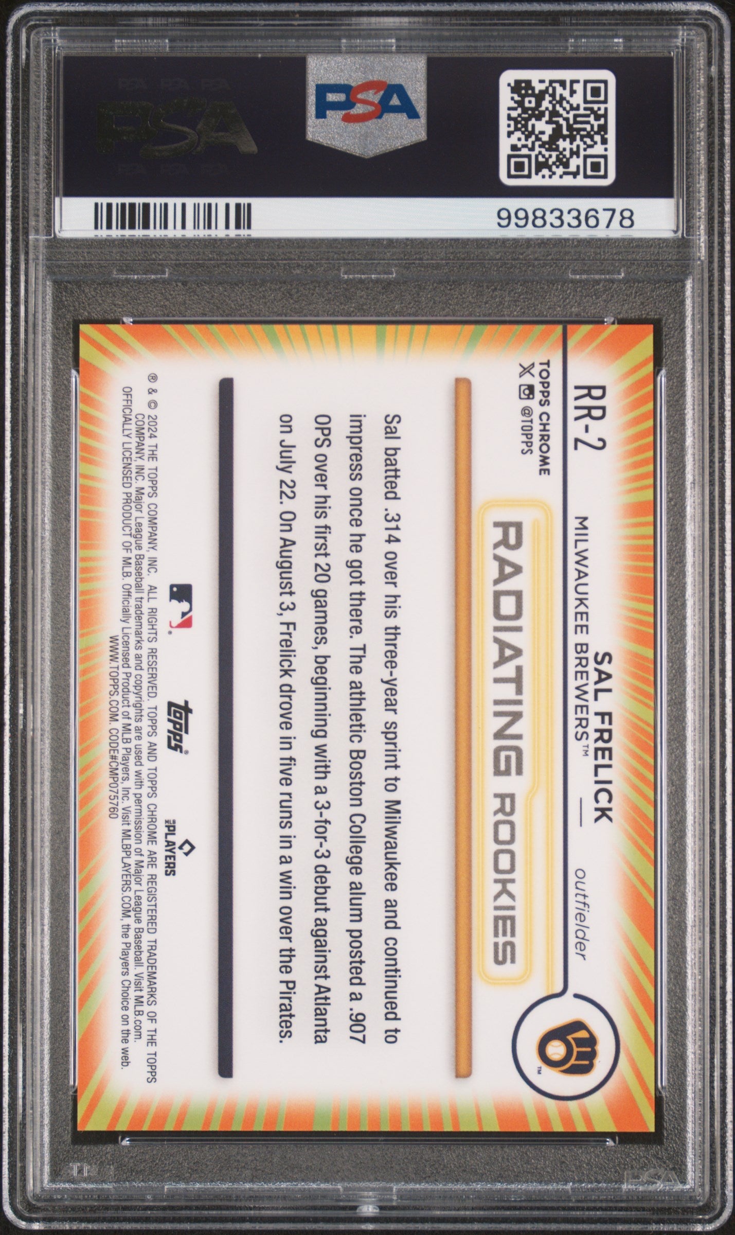 Sal Frelick 2024 Topps Chrome Radiating Rookies #RR2 PSA 10 Gem Mint