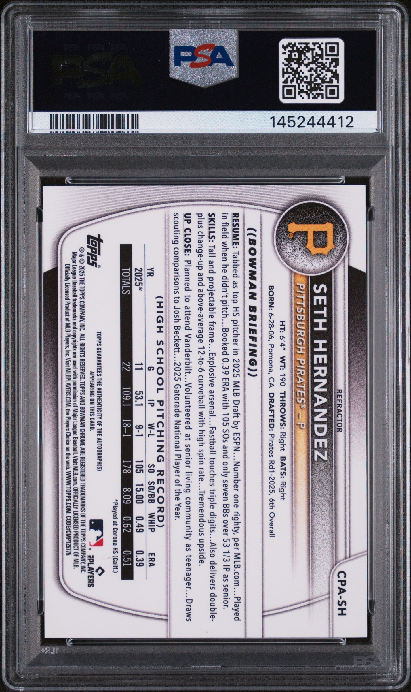 Seth Hernandez 2025 Bowman Chrome Draft Refractor Auto #75/499 PSA 8 Nm-Mint