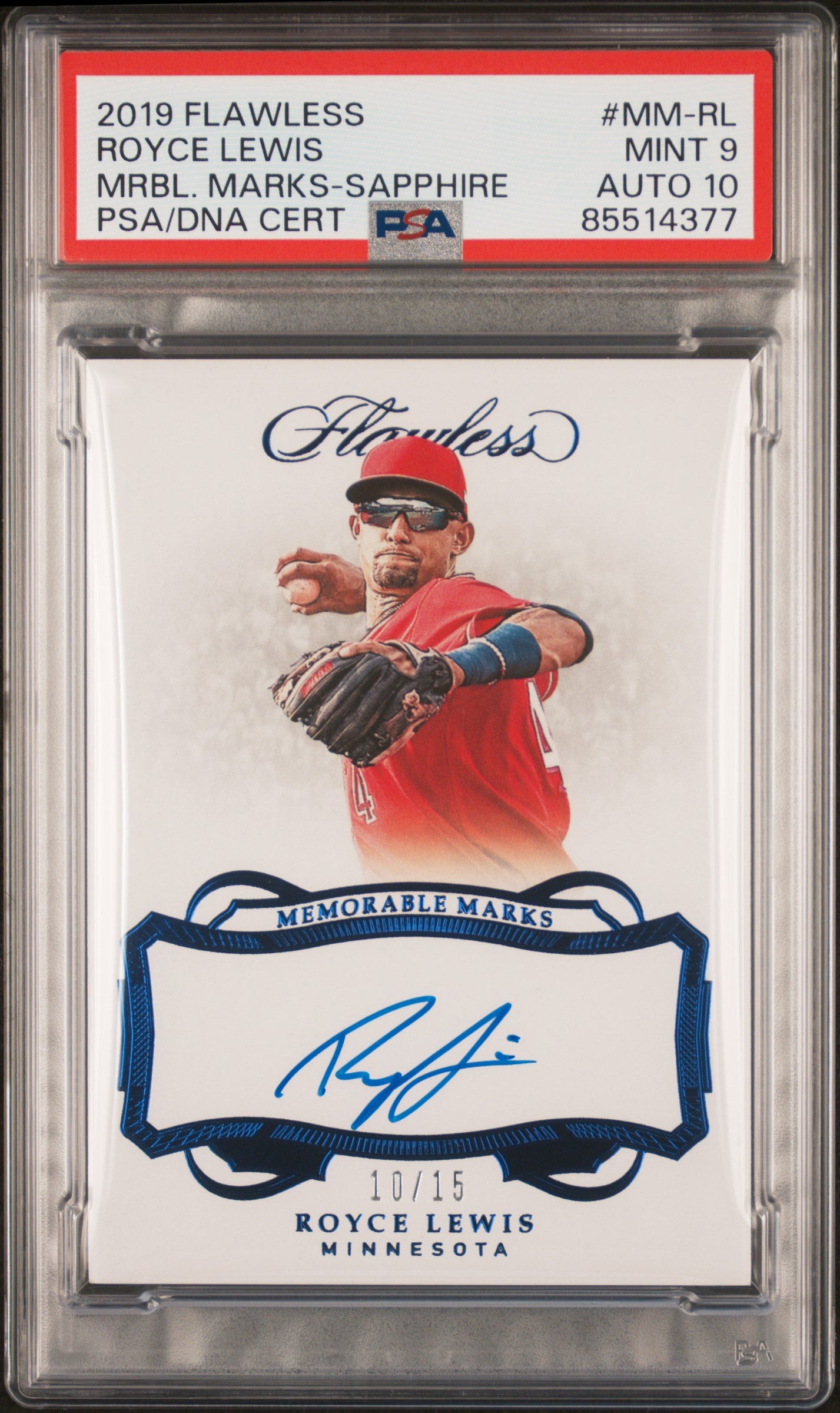 Royce Lewis 2019 Panini Flawless Memorable Marks Sapphire Auto #10/15 PSA 9 Auto 10