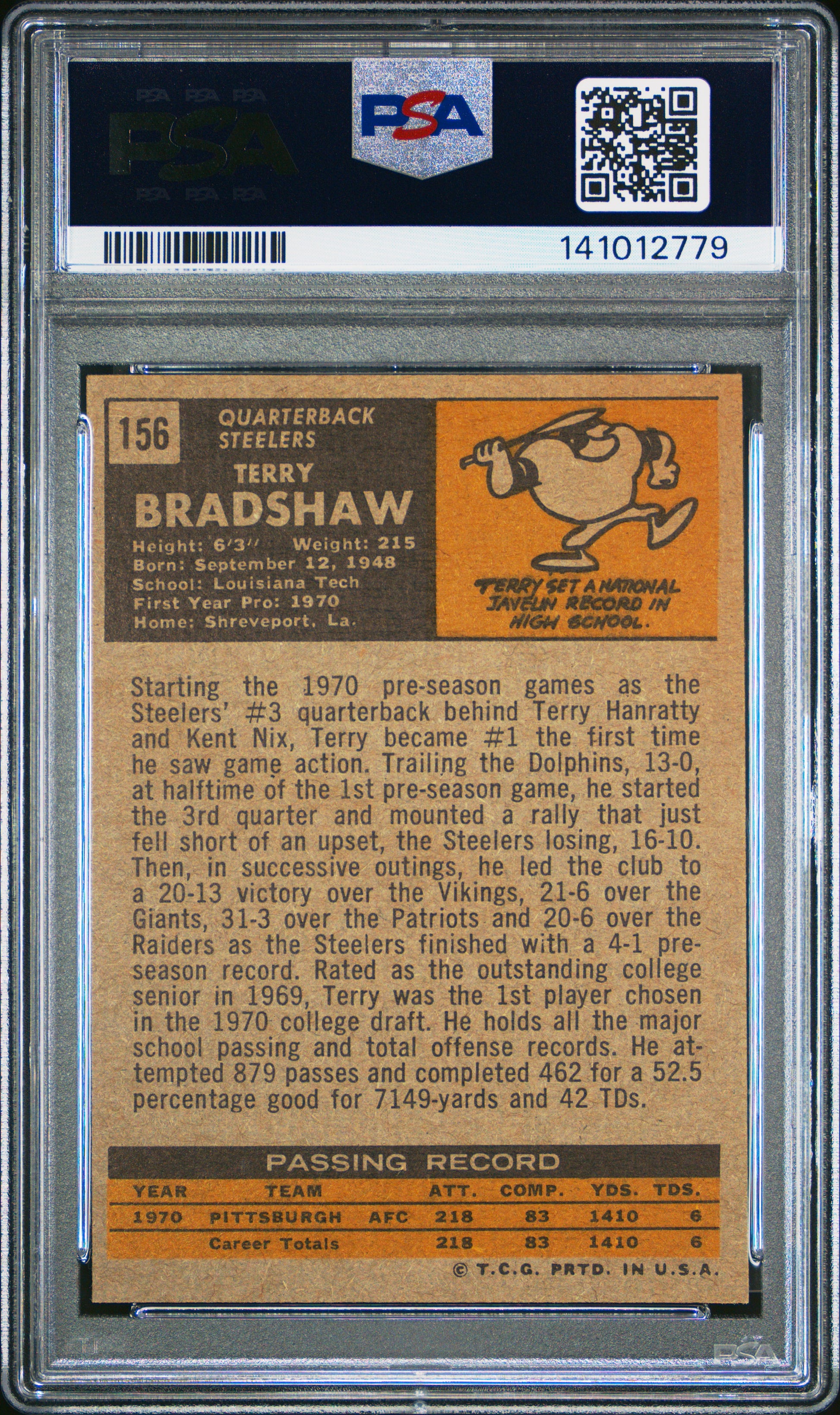 Terry Bradshaw 1971 Topps Rookie #156 PSA Authentic 2779