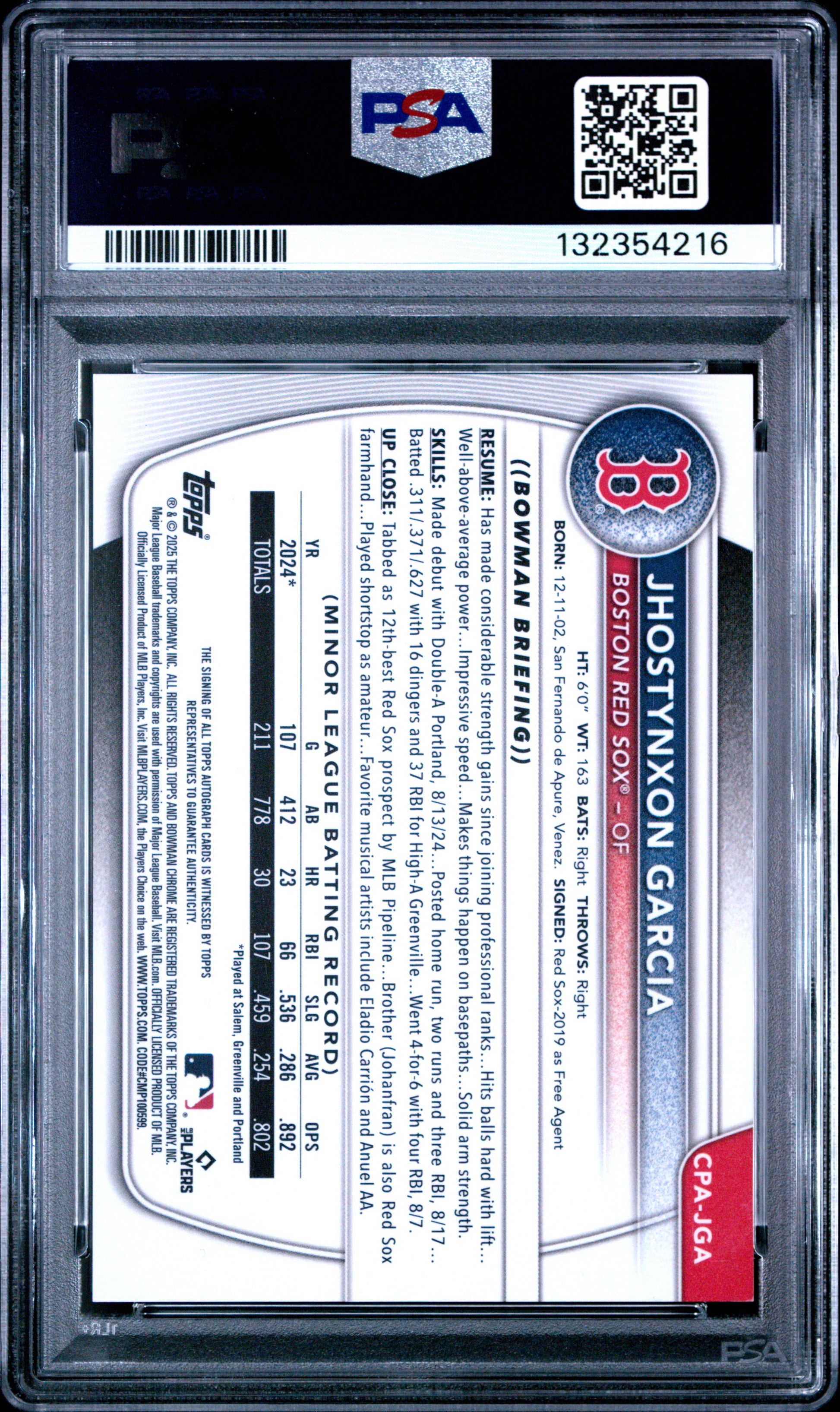 Jhostynxon Garcia 2025 Bowman Chrome Green Refractor Auto #46/99 PSA 9 Mint