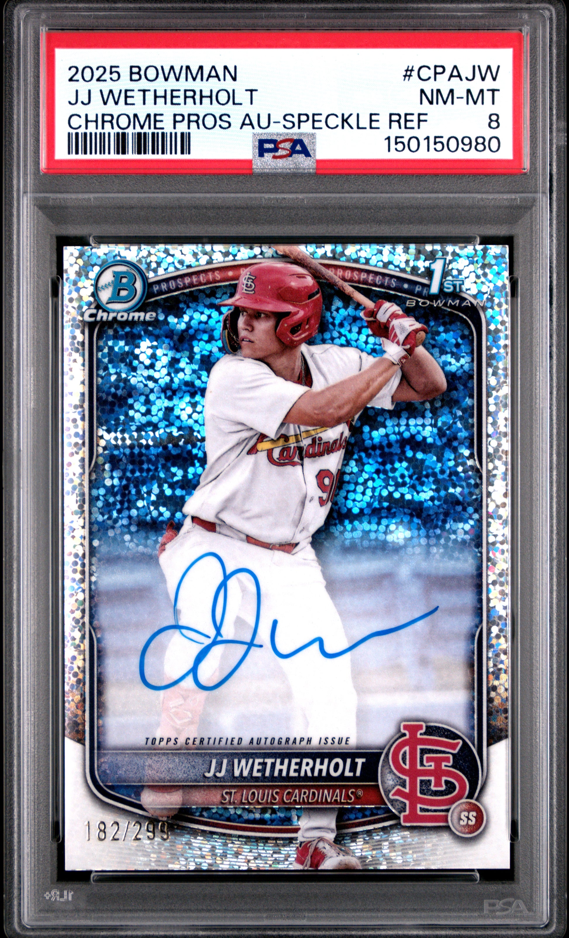 J.J. Wetherholt 2025 Bowman Chrome Speckle Refractor Auto #182/299 PSA 8 Nm-Mint