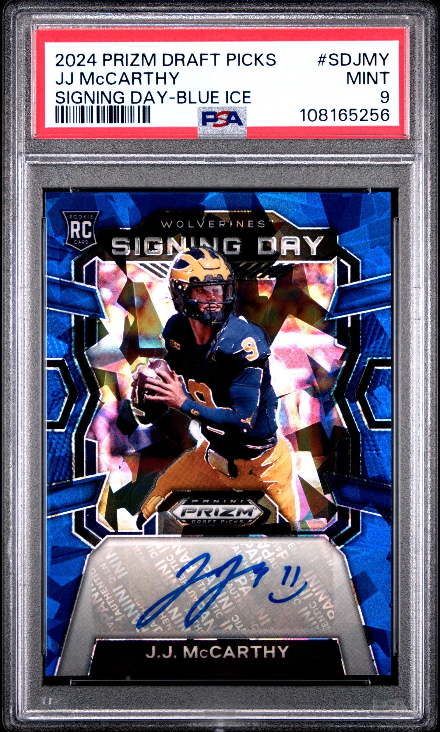 JJ McCarthy 2024 Panini Prizm Draft Picks Signing Day Blue Ice Autograph #16/75 PSA 9 Mint