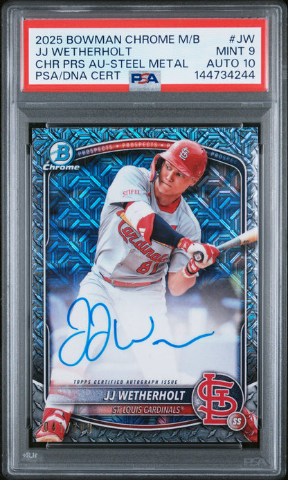JJ Wetherholt 2025 Bowman Chrome Mega Steel Metal Auto #41/100 PSA 9 Auto 10