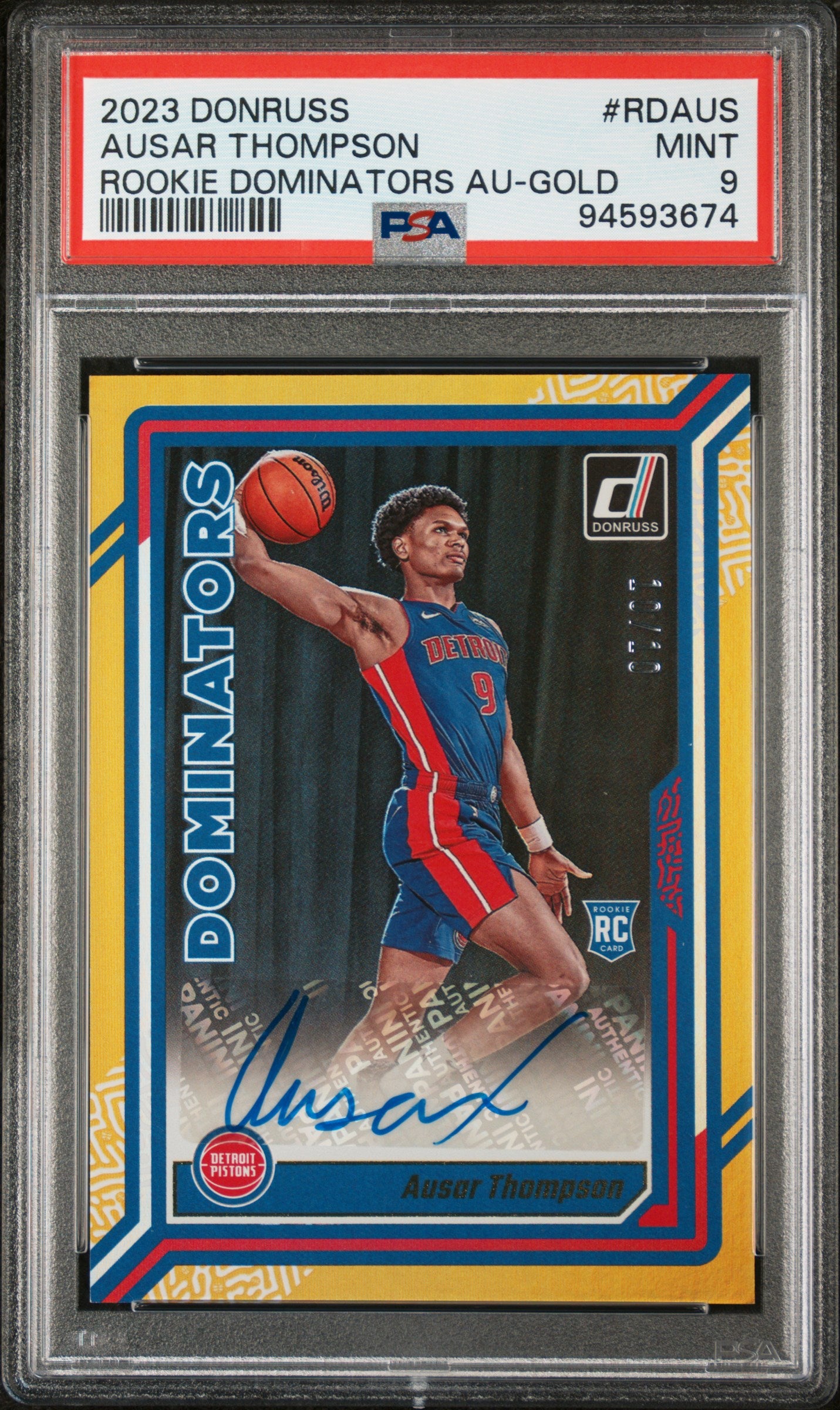 Ausar Thompson 2023 Donruss Rookie Dominators Gold Auto #10/10 PSA 9 Mint