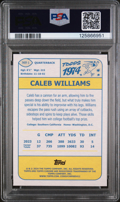 Caleb Williams 2024 Topps Chrome 1974 Topps Rookie PSA 10 Gem Mint