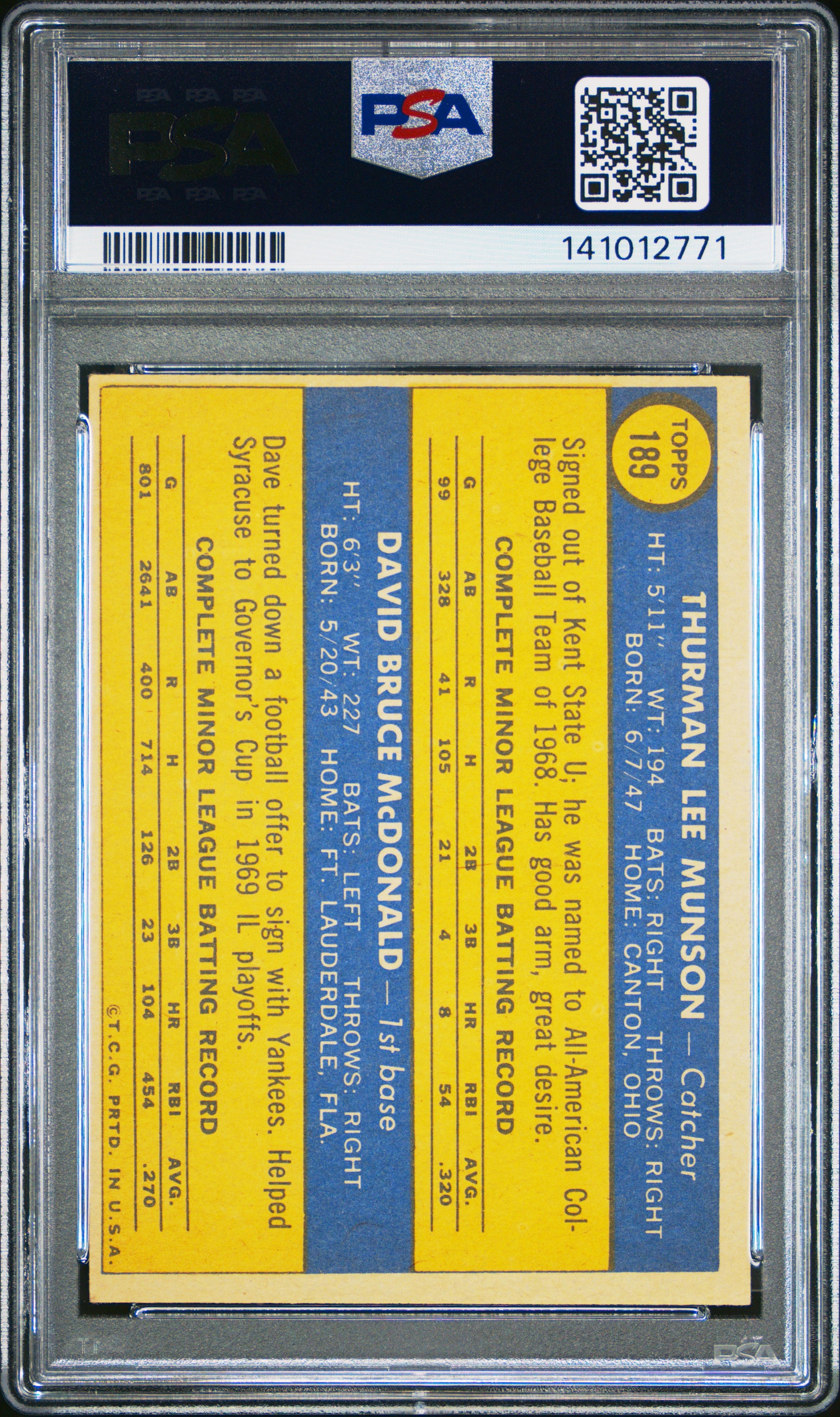 Thurman Munson 1970 Topps Rookie #189 PSA 6 Ex-Mint 2771
