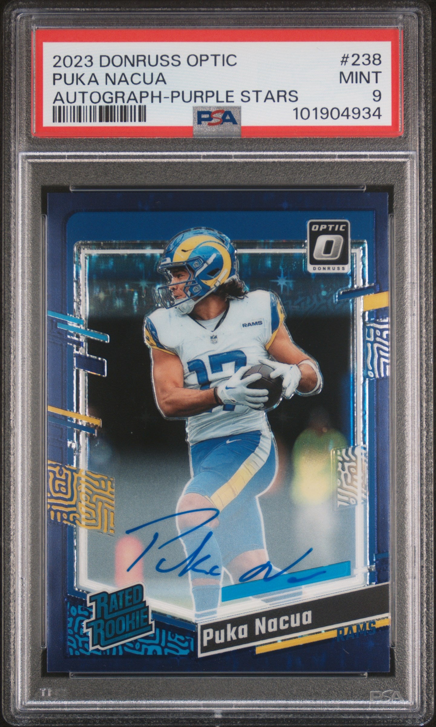Puka Nacua 2023 Panini Donruss Optic Purple Stars Autograph #24/50 PSA 9 Mint