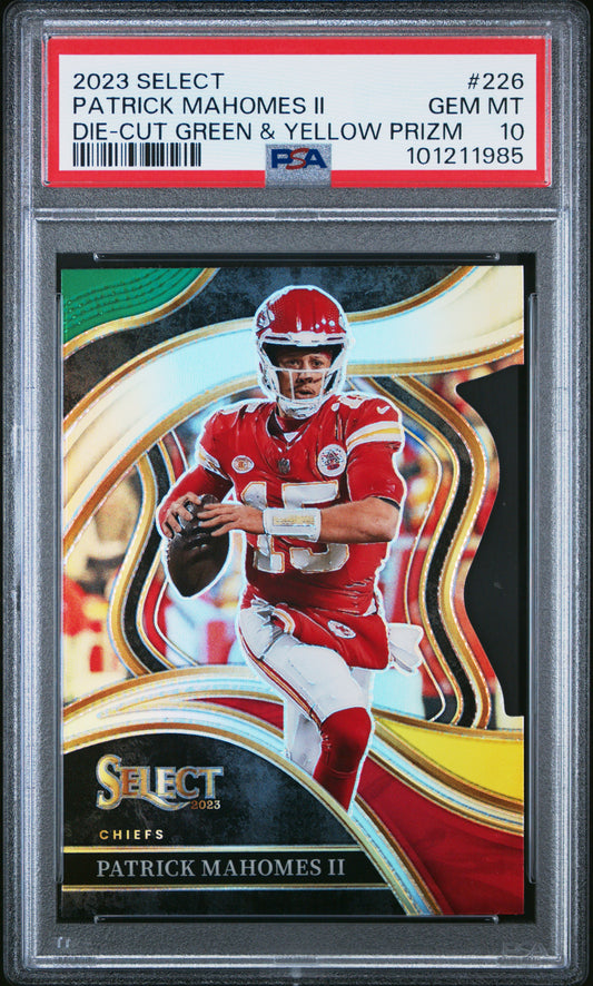 Patrick Mahomes 2023 Panini Select #226 Die-Cut Green/Yellow Prizm PSA 10 Gem Mint