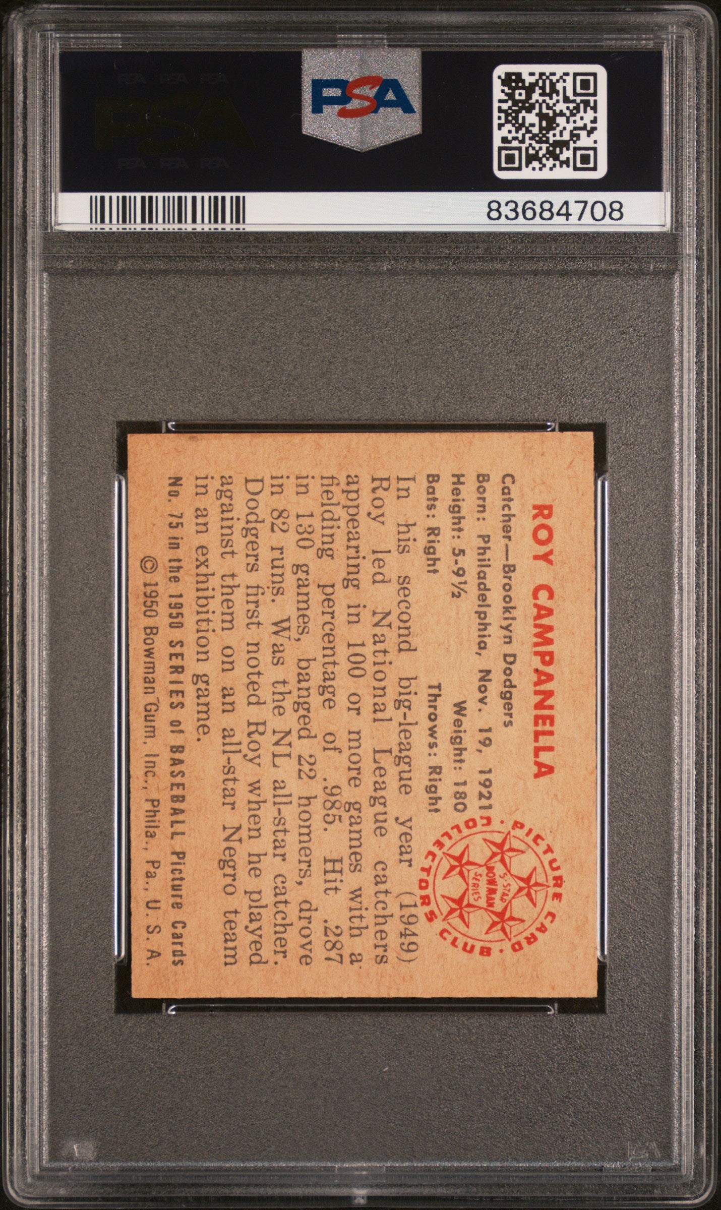 Roy Campanella 1950 Bowman #75 PSA 5 Ex