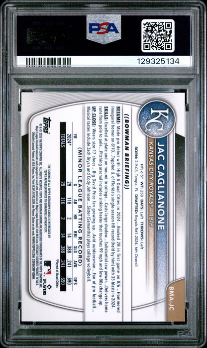 Jac Caglianone 2025 Bowman Mega Box Purple Refractor Auto #79/199 PSA 10 Gem Mint
