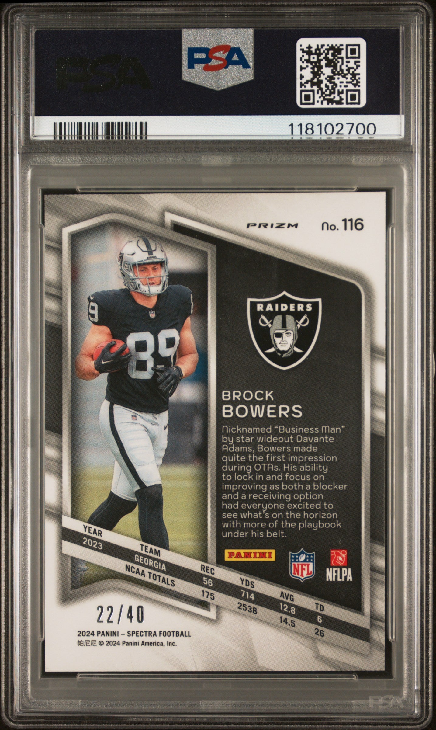 Brock Bowers 2024 Panini Spectra Rookie #116 Astral #22/40 PSA 10 Gem Mint