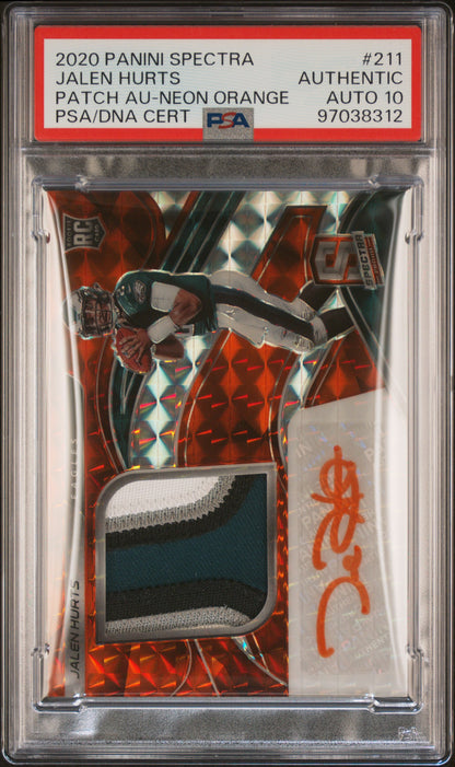 Jalen Hurts 2020 Panini Spectra #211 Rookie Patch Auto Neo Orange #4/15 PSA Auth Auto 10
