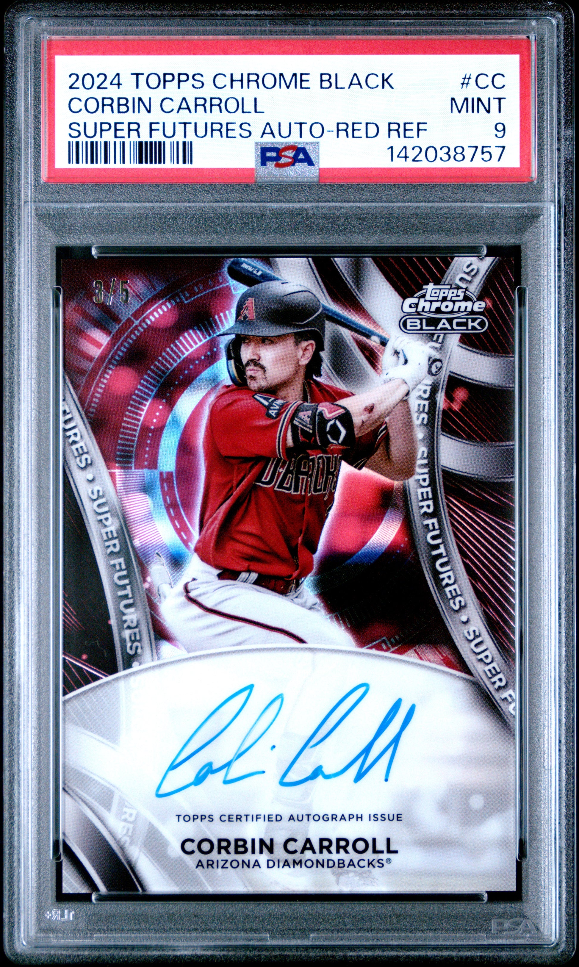 Corbin Carroll 2024 Topps Chrome Black Super Futures Red Refractor Auto #3/5 PSA 9 Mint
